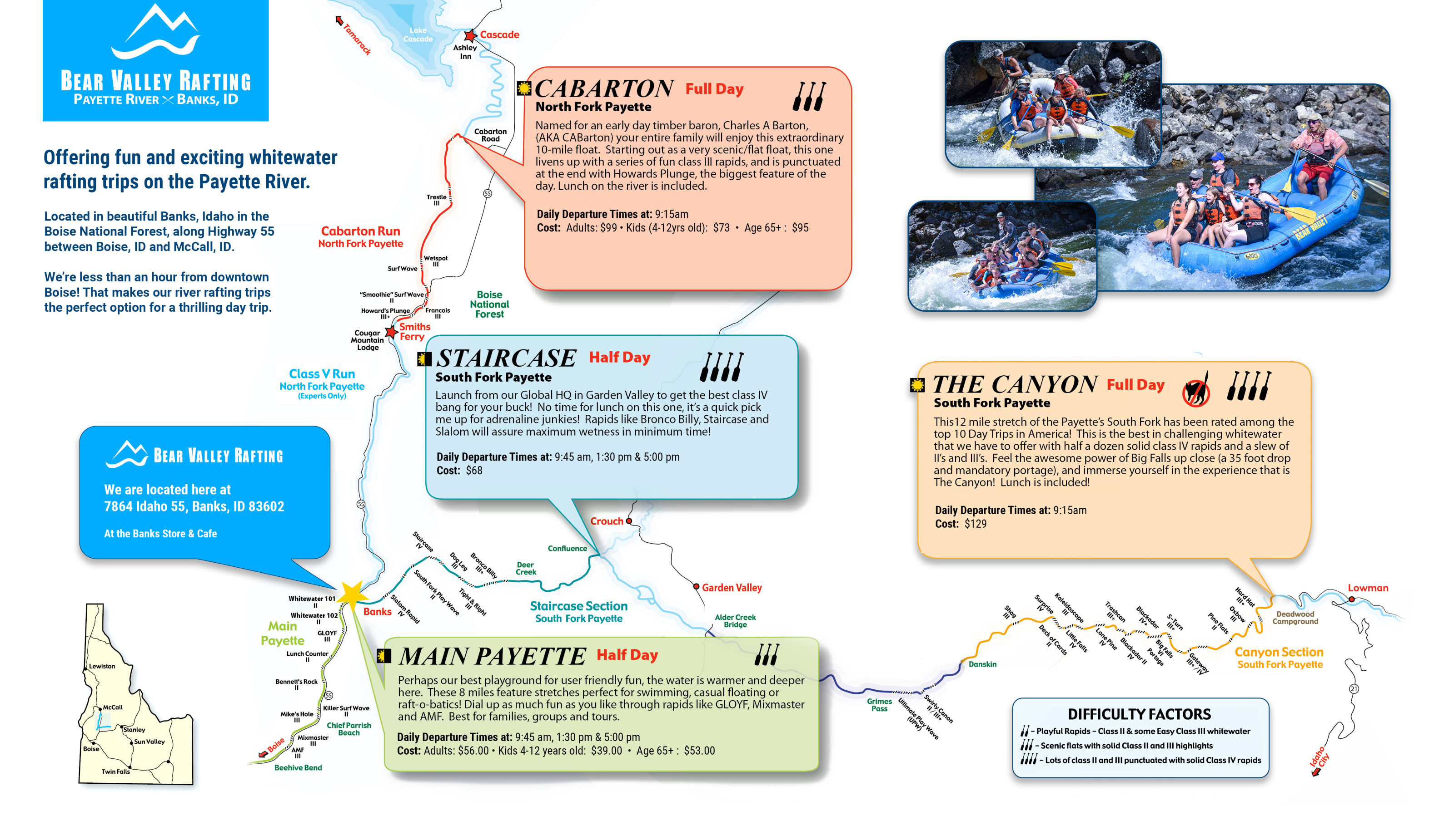 Map of Bear Valley Rafting white water rafting runs on the Payette River in Southwest Idaho